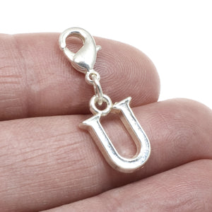 Letter "U" Clip On Charm, Silver Initial Alphabet Dangle with Lobster Clasp