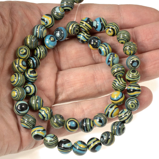 Striped Malachite Beads - 8mm Turquoise, Black, Yellow - Composite Stone Strand