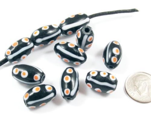 Glass Oval Lampwork HALLOWEEN Beads-BLACK, WHITE, ORANGE DESIGN (10)