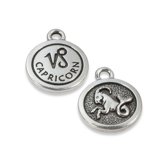 2 Silver Capricorn Charms, TierraCast Double-Sided Zodiac Pendants for Jewelry