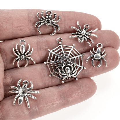 Silver Spider Charm Set, Metal Halloween Insect Spider Web Mix 6/Pkg