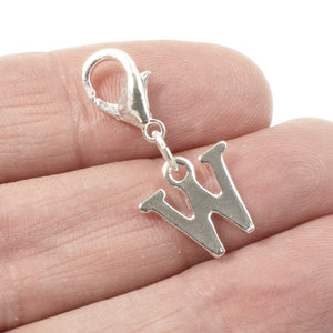 Letter "W" Clip On Charm, Silver Initial Alphabet Dangle with Lobster Clasp