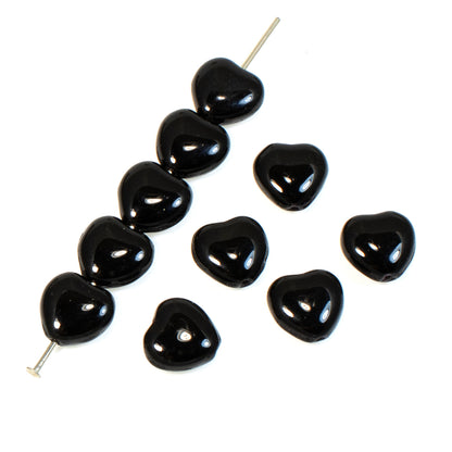 30 Heart Shaped Beads -Jet Black - Czech Glass - DIY Jewelry Making