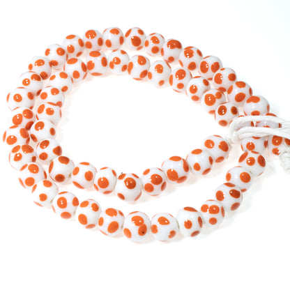 White & Orange 8mm Dotted Round Glass Beads, Handmade Lampwork, 56Pcs