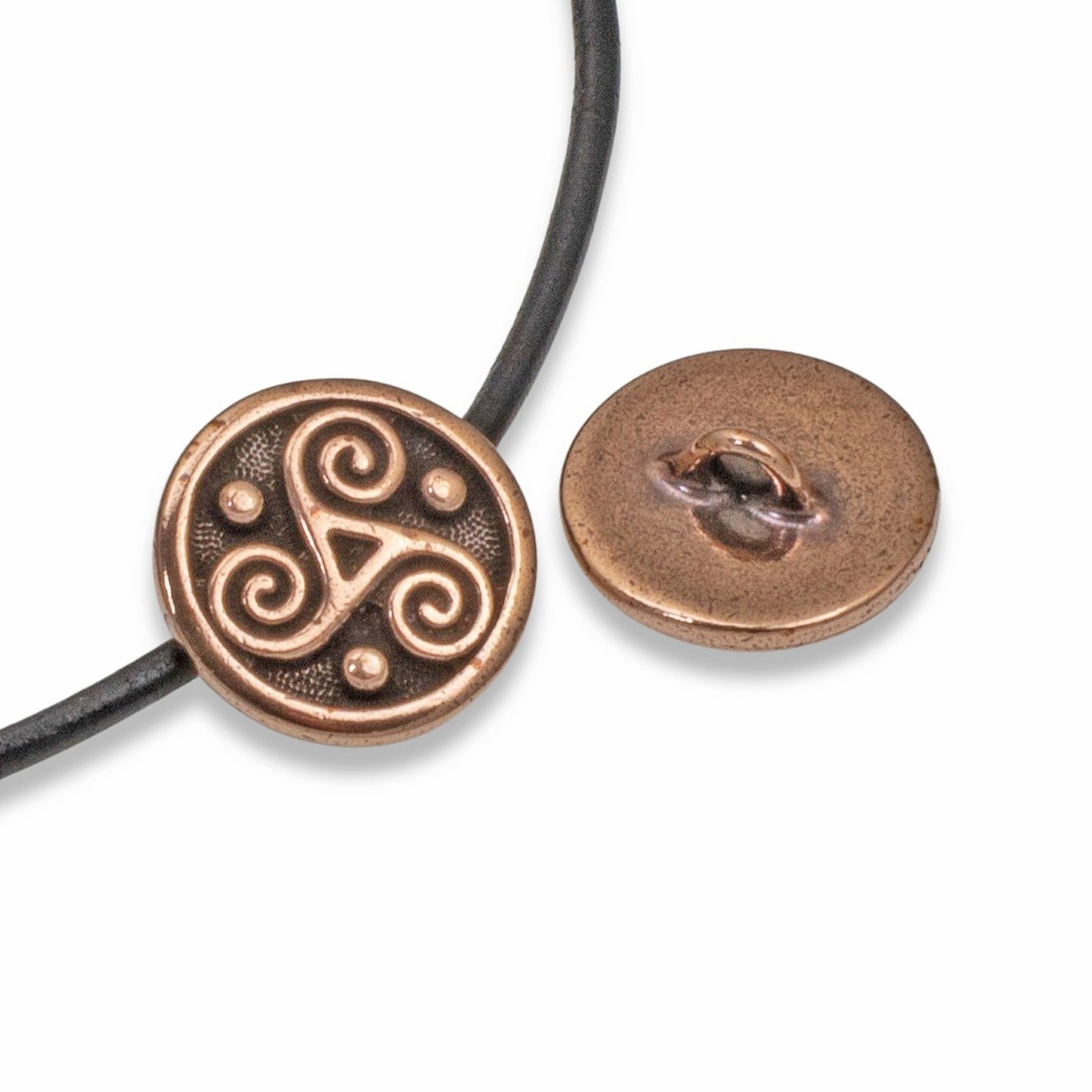 2 Copper Celtic Buttons - Triskele Triple Spiral - Shank Back - Leather Clasp