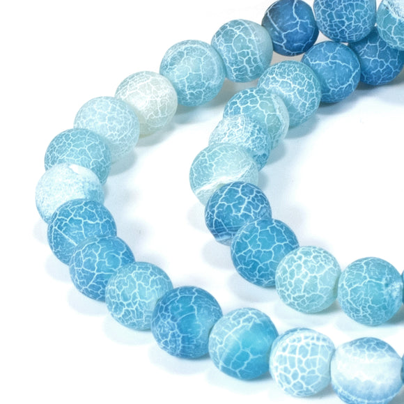 Aqua Blue 6mm Round Frosted Dragon Vein Agate Beads, 63 Pcs