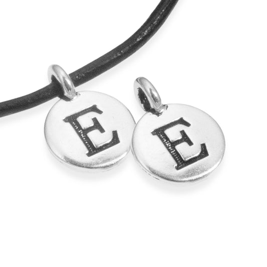 2Pc. Silver "E" Initial Charms, TierraCast Round Small Alphabet Letter