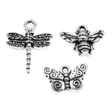 3 Pcs. Silver Dragonfly, Butterfly & Bee Charms, Insect Set for DIY Jewelry