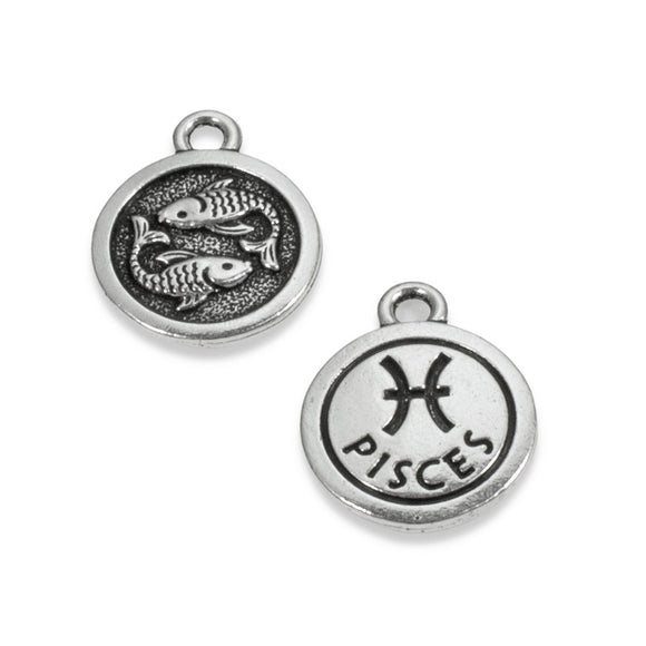 2 Silver Pisces Charms, Astrological Double-Sided Pendants for Jewelry Making