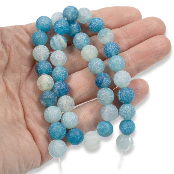 10mm Aqua Blue Crackle Agate Beads, Frosted Matte Finish 38 beads/Strand