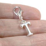 Letter "T" Clip On Charm, Silver Initial Alphabet Dangle with Lobster Clasp