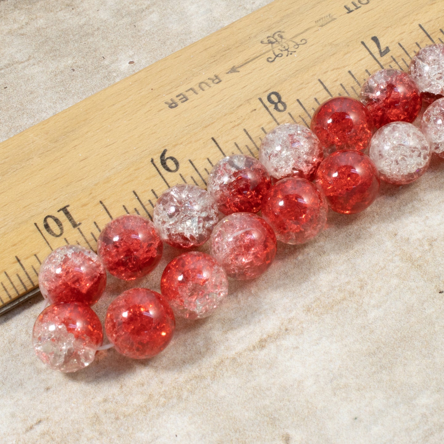 20 Crackle Glass Beads - Red & Clear - 12mm Round - Two-Tone - Double Color