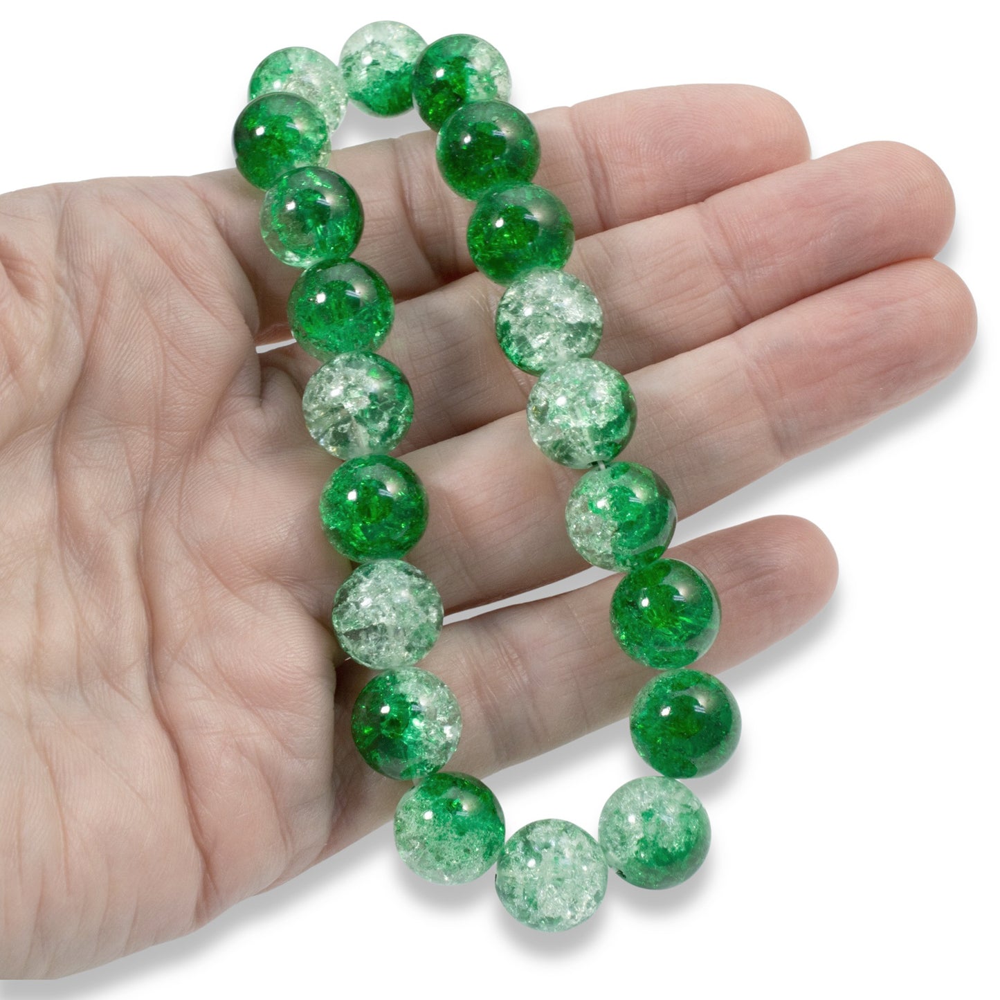 20 Green & Clear Glass Round Beads - 12mm Crackle Glass - Two-Tone Double Color