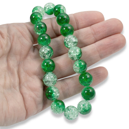 20 Green & Clear Glass Round Beads - 12mm Crackle Glass - Two-Tone Double Color