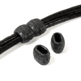 10 Black Hammered Barrel Beads, 4x2mm Hole, Matte Black Velvet Leather Crimp