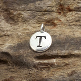 2Pc. Silver "T" Initial Charms, TierraCast Round Small Alphabet Letter