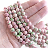 Pink and Green Round Rain Flower Stone Beads, 8mm (48 Pieces)
