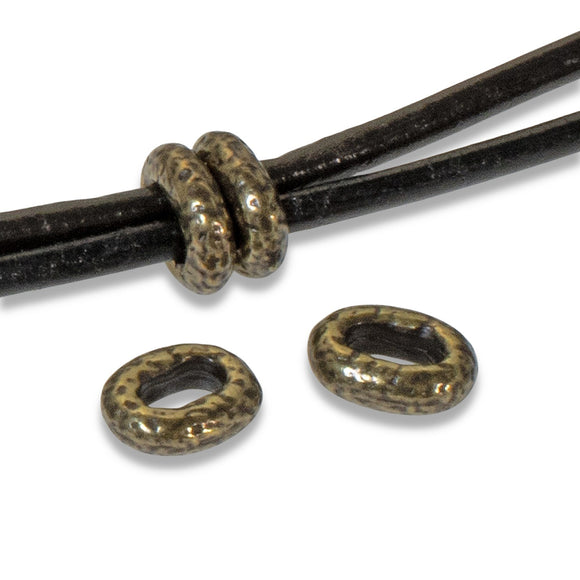 4 Antique Brass Distressed Oval Beads, TierraCast Leather Cord Beads for Wrap Bracelets
