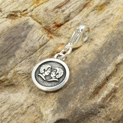 Silver Gemini Clip-on Charm, Astrology Zodiac The Twins + Lobster Clasp