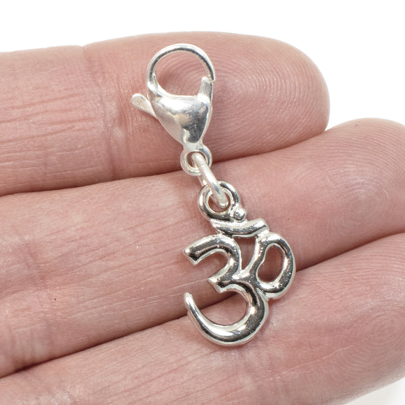 Silver Om Zipper Pull, Rhodium Plated Clip on Purse Charm + Lobster Clasp