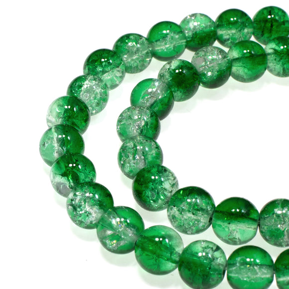 8mm Emerald Green & Clear Crackle Glass Round Beads | Two-Tone Double Color 50/Pkg