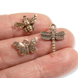 Copper Dragonfly, Butterfly & Bee Charms, Insect Charm Set (3 Pcs)
