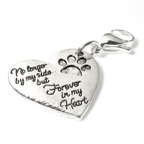 Silver No Longer By My Side Paw Print Heart Clip-on Charm, Pet Memorial Pendant
