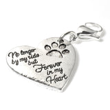 Silver No Longer By My Side Paw Print Heart Clip-on Charm, Pet Memorial Pendant