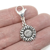 Silver Sunflower Clip On Charm, Purse, Bag, Zipper Accessory + Lobster Clasp