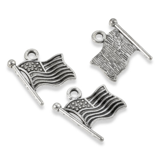 10 United States Waving Flag Charms, Silver Bulk Metal USA Charm for DIY Jewelry