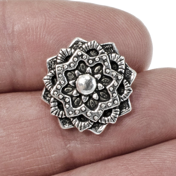 2 Silver Mandala Buttons, TierraCast Leather Clasp, Shank Back for 2mm Leather