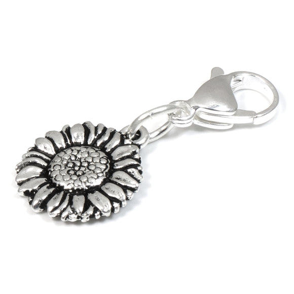 Silver Sunflower Clip On Charm, Purse, Pet Collar Jewelry + Lobster Clasp