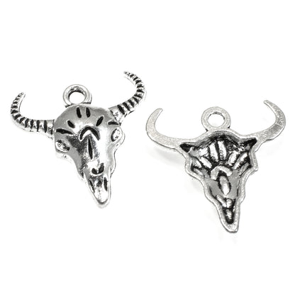 15 Silver Cow Skull Charms, Detailed Western Longhorn Bull Skeleton Pendants