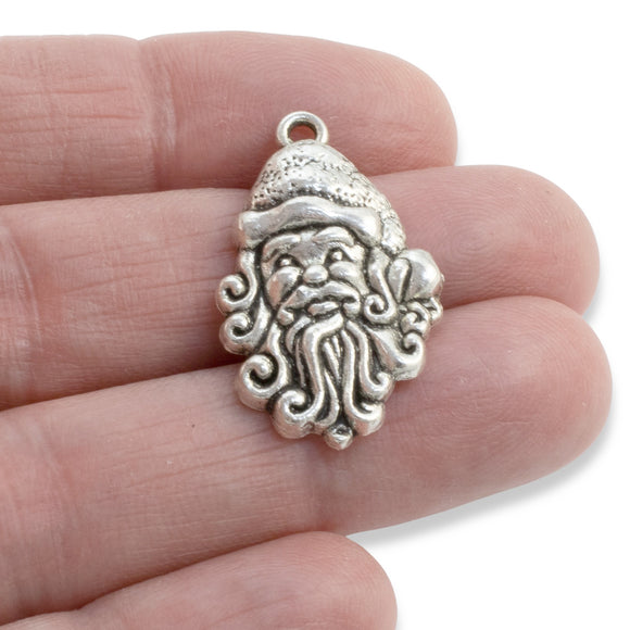 8 Silver Santa Claus Face Charms, Metal Saint Nick Christmas Pendants