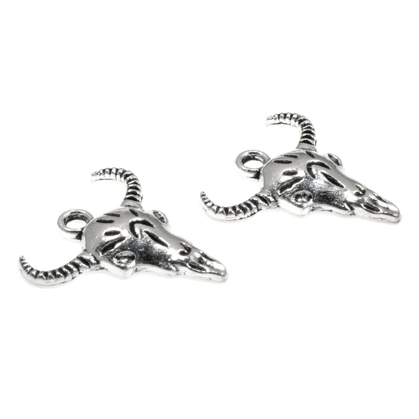 15 Silver Cow Skull Charms, Detailed Western Longhorn Bull Skeleton Pendants