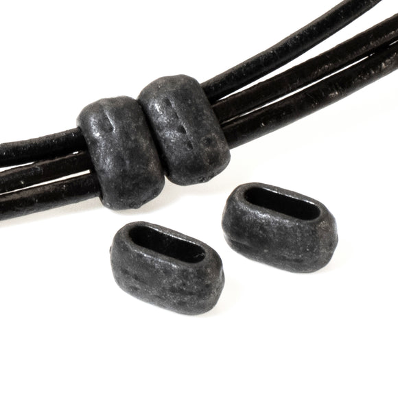 4 Black Hammered Barrel Beads, 6x2mm Hole, Matte Black Velvet Leather Crimp Beads