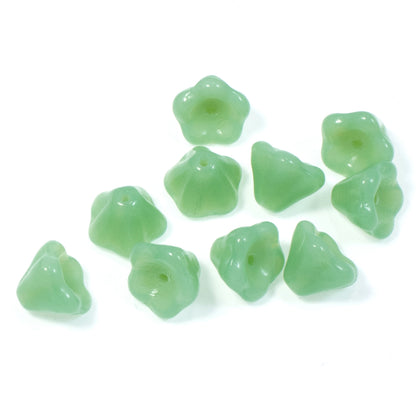 25 Opaque Jade Green Czech Glass Bell Flower Beads - 6x8mm for Jewelry Making