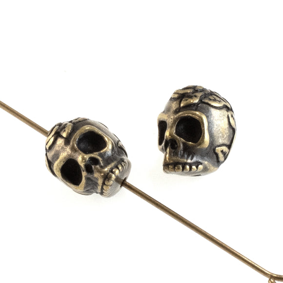 2 Antique Brass Rose Skull Beads, Sugar Skull, Day of the Dead Beads