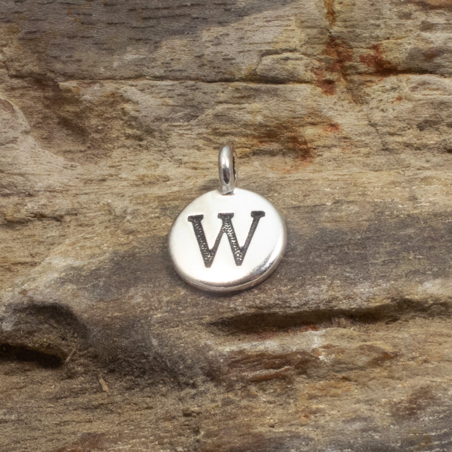 2Pc. Silver "W" Initial Charms, TierraCast Round Small Alphabet Letter