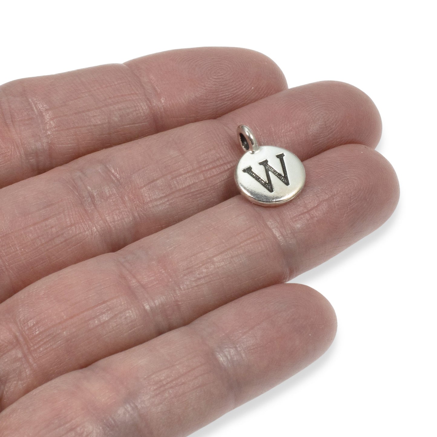 2Pc. Silver "W" Initial Charms, TierraCast Round Small Alphabet Letter