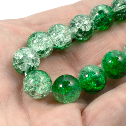 20 Green & Clear Glass Round Beads - 12mm Crackle Glass - Two-Tone Double Color