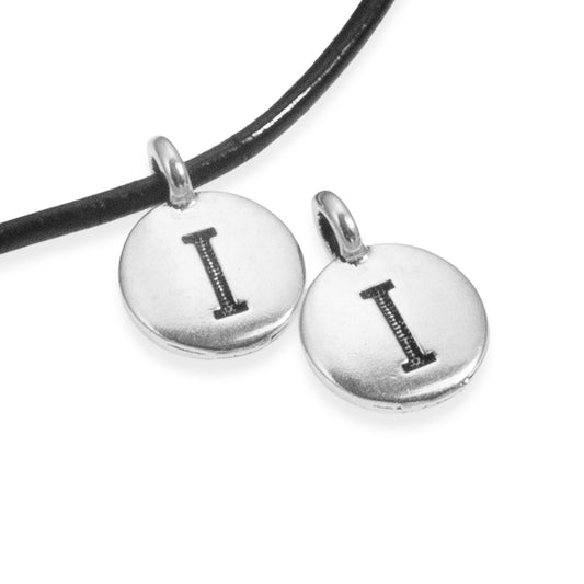 2Pc. Silver "I" Initial Charms, TierraCast Round Small Alphabet Letter