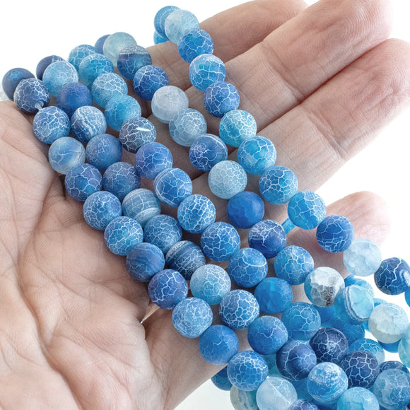 8mm Aqua Blue Crackle Agate Beads, Frosted Ocean-Inspired Stones for DIY Jewelry