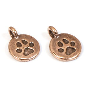 2 Copper Paw Print Charms, TierraCast Pewter Dog Pet Charms for Leather Cord
