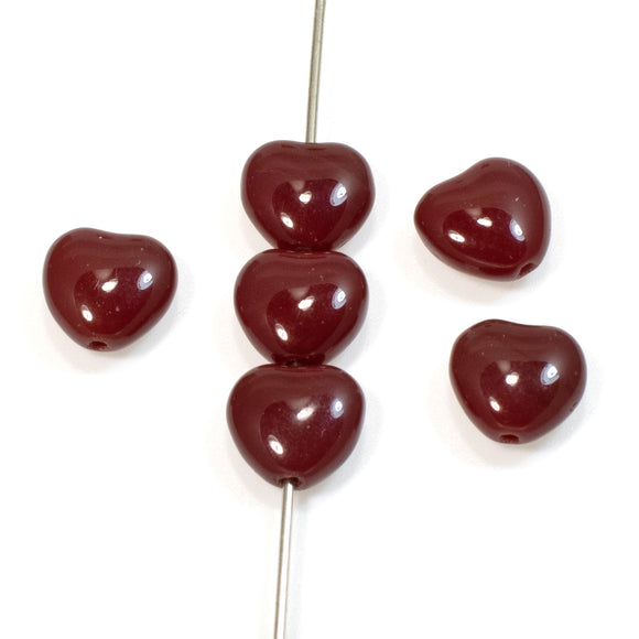 25 Maroon Red 8mm Heart Beads, Wine Red Czech Glass Jewelry Making Supplies