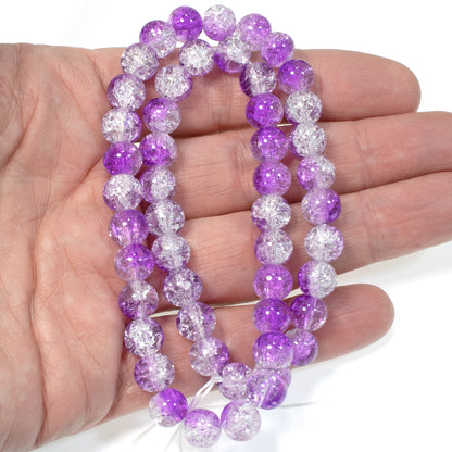 50 Purple & Clear 8mm Crackle Beads - Double Color Glass Jewelry Craft Supplies