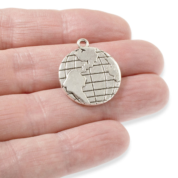 6 Silver Globe Pendants, Large Metal Earth Travel Map Charms
