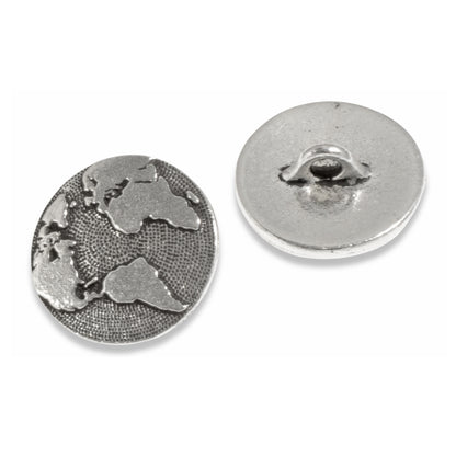 2 Silver Earth Buttons, TierraCast Map Clasp for Leather Jewelry, Shank Back