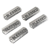 10 Blessed Rectangle Charms, Silver Metal Religious Word Bar Pendants