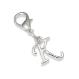 Silver Letter "K" Clip On Charm, Cursive Script Initial Dangle + Lobster Clasp